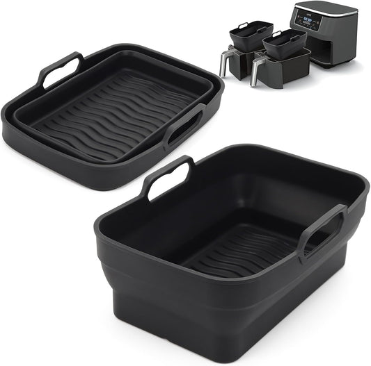 2Pcs Air Fryer Silicone Liners with Magnetic Cheat Sheet, 8-10 QT, Grey | 2 Pack, Reusable, Replacement Basket Bowl, Collapsible Baking Tray, Air Fryer Accessories