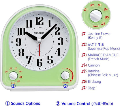 Peakeep Analog Alarm Clock Non-Ticking Silent, 7 Wake-up Sounds | with Volume Control, Nightlight and Snooze, AA Battery Operated (Black)