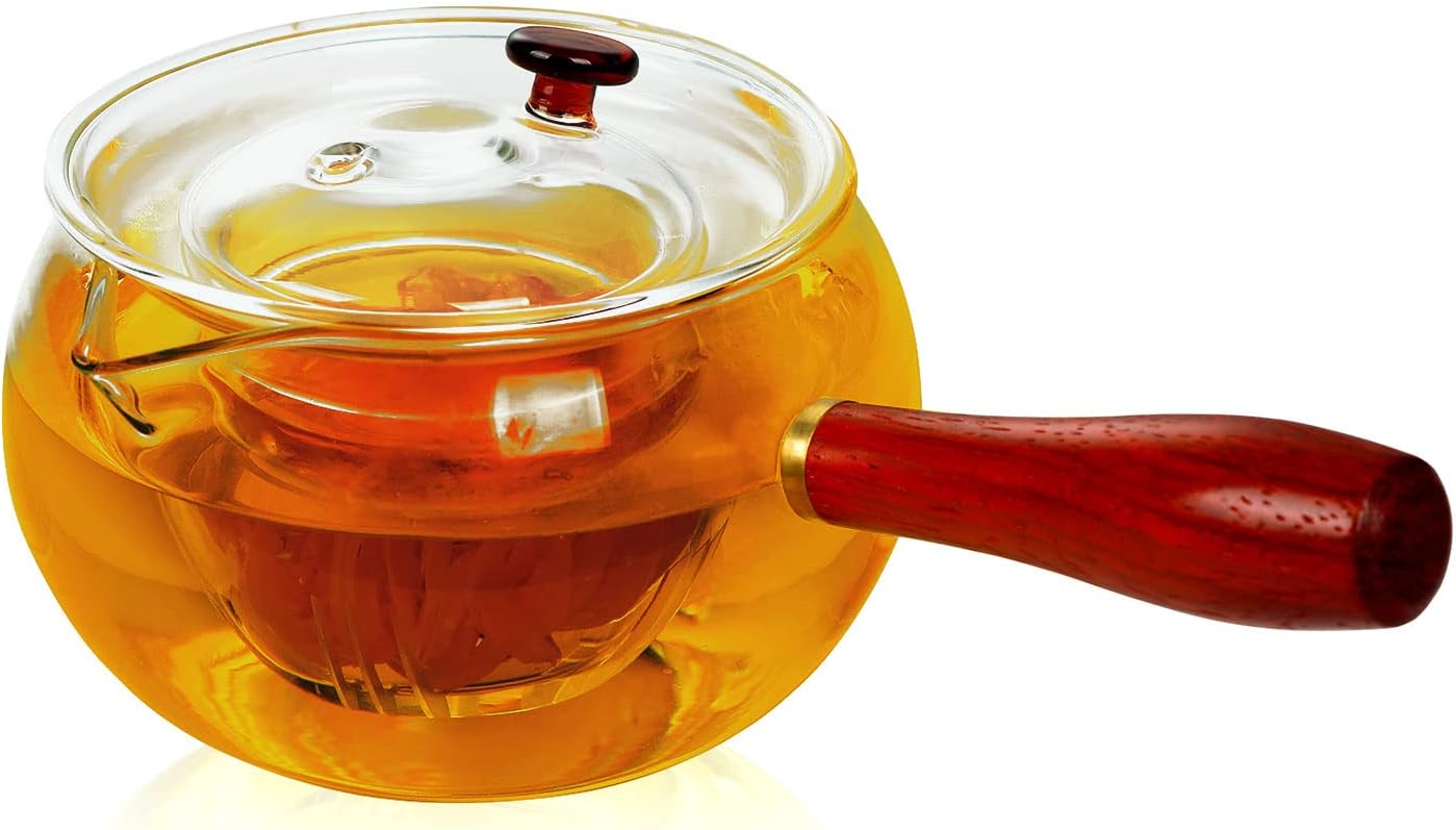WHJY Glass Teapot with Infuser for Loose Tea, Small Clear Magic Tea Kettle for Stove Top, Clear Japanese Tea Kettle with Wooden Handle Kyusu Teapot - 17oz