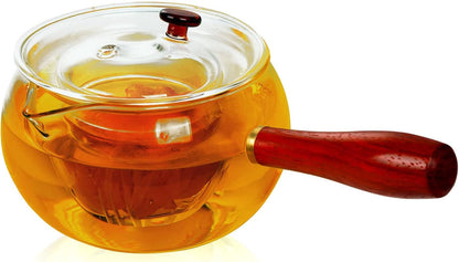 WHJY Glass Teapot with Infuser for Loose Tea, Small Clear Magic Tea Kettle for Stove Top, Clear Japanese Tea Kettle with Wooden Handle Kyusu Teapot - 17oz