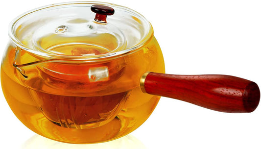 WHJY Glass Teapot with Infuser for Loose Tea, Small Clear Magic Tea Kettle for Stove Top, Clear Japanese Tea Kettle with Wooden Handle Kyusu Teapot - 17oz