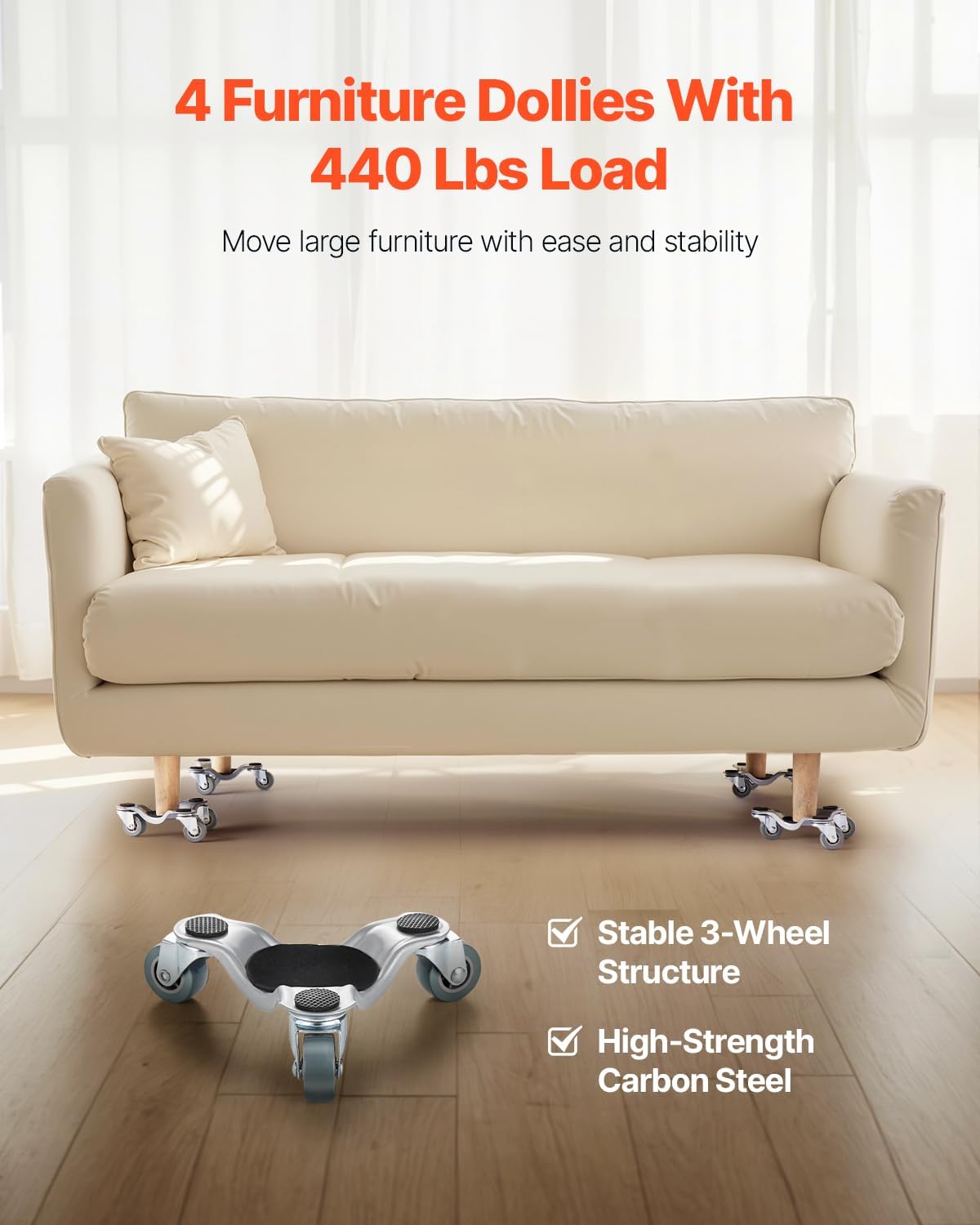 VEVOR Furniture Dolly, 4 Pack 6-Inch Steel Tri-Dolly with 360° PP Swivel Wheels and Non-Slip Cap, 3 Wheels Furniture Lift Mover Tool Set for Moving Heavy Furniture Refrigerator Sofa