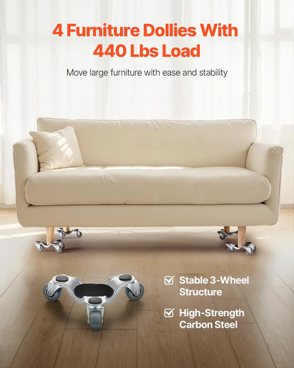 VEVOR Furniture Dolly, 4 Pack 6-Inch Steel Tri-Dolly with 360° PP Swivel Wheels and Non-Slip Cap, 3 Wheels Furniture Lift Mover Tool Set for Moving Heavy Furniture Refrigerator Sofa