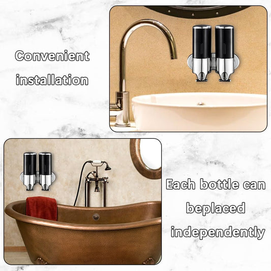 3 in 1 Chamber Wall Mounted Shampoo and Conditioner Dispenser (Silver) | No Drill Shower Soap Dispenser for Bathroom & Hotel Leak-Proof Pumps, Easy Installation and Large Capacity