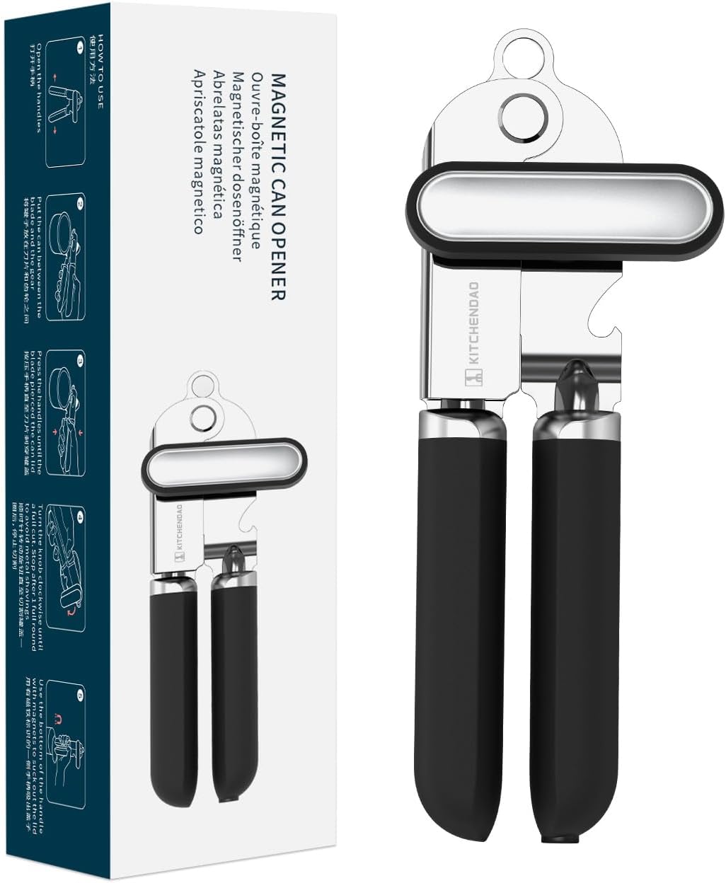 KITCHENDAO Manual Can Opener, Super Sharp Sandvik 12C27 Blade, Handheld Can Opener with Magnet, Smooth Edge Cut, Soft Grip, Oversized Knob for Seniors & Arthritis, Easy to Use, Black