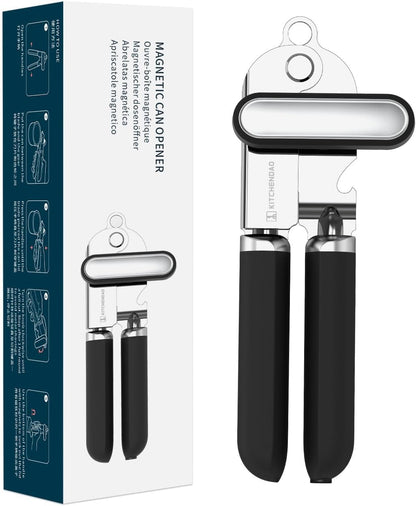 KITCHENDAO Manual Can Opener, Super Sharp Sandvik 12C27 Blade, Handheld Can Opener with Magnet, Smooth Edge Cut, Soft Grip, Oversized Knob for Seniors & Arthritis, Easy to Use, Black