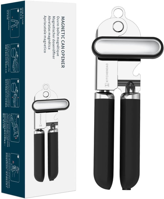 KITCHENDAO Manual Can Opener, Super Sharp Sandvik 12C27 Blade, Handheld Can Opener with Magnet, Smooth Edge Cut, Soft Grip, Oversized Knob for Seniors & Arthritis, Easy to Use, Black