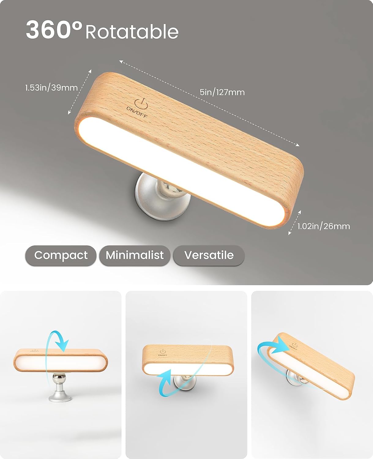Rechargeable Wall Sconce, Reading Light for Bed, Magnetic Wood Lamp | Set of 2, Black Walnut, Touch Control, Adjustable Brightness, 4000K Nautral Light for Reading, Headboard Light, 360° Rotation