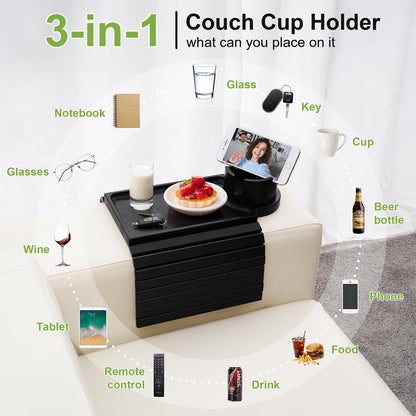 Couch Cup Holder - 3 in 1 Sofa Arm Tray with 360° Rotating Cup Holder & Phone Stand,Arm Chair Rest Table Fits Various of Large Width Couches Armrest,Anti-Slip Foldable Couch Tray for Drinks