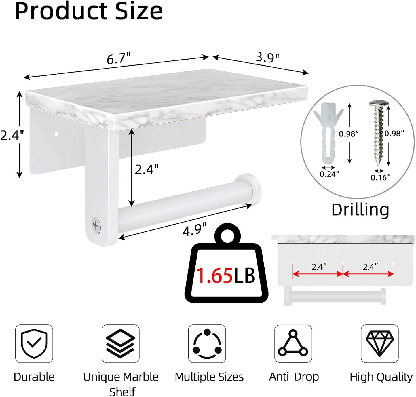 Gypie Marble Toilet Paper Holder with Shelf, Wall Mounted Matte Black | Stainless Steel Tissue Roll Paper Holder Dispenser for Bathroom Washroom