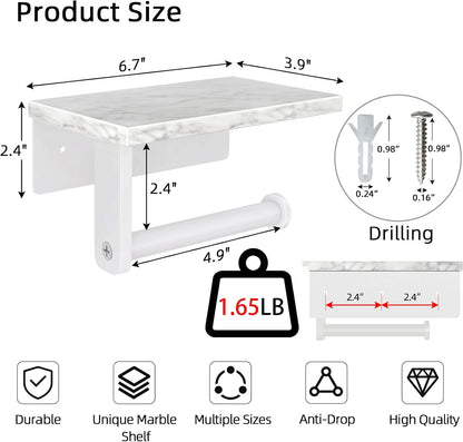 Gypie Marble Toilet Paper Holder with Shelf, Wall Mounted Matte Black | Stainless Steel Tissue Roll Paper Holder Dispenser for Bathroom Washroom