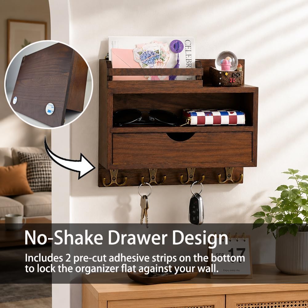 Key and Mail Holder for Wall, Wooden Key and Mail Organizer | Decorative Paulownia Wood Key Rack with Drawer and 8 Hooks for Dog Leash and Sunglasses, for Bags, Coats, Umbrella