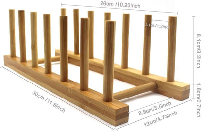 INNERNEED Bamboo Wooden Dish Rack, Vertical Plate & Lid Organizer | for Kitchen Cabinet or Countertop, Drying Stand for Dishes, Cutting Boards