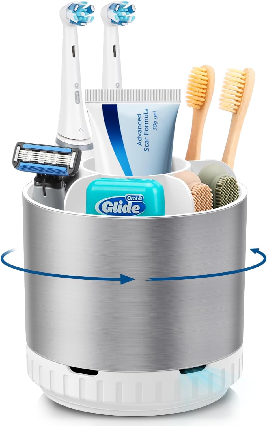 GFWARE Rotating Silver Toothbrush Holder for Bathroom Organizer, Drainage | Detachable 6 Slots Kids Electric Toothbrush and Toothpaste Holder, Bathroom Countertop Sink Storage Caddy