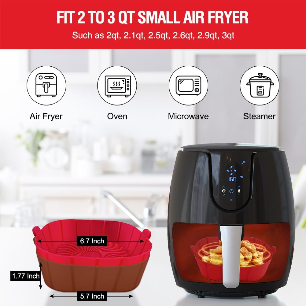 Air Fryer Silicone Liners for 2 to 3 QT Small Air Fryers, Non-Stick Reusable Silicone Pot Basket Bowl Liner Baking Tray Air Fryer Accessories, 2 Pack Square Airfryer Liner Insert
