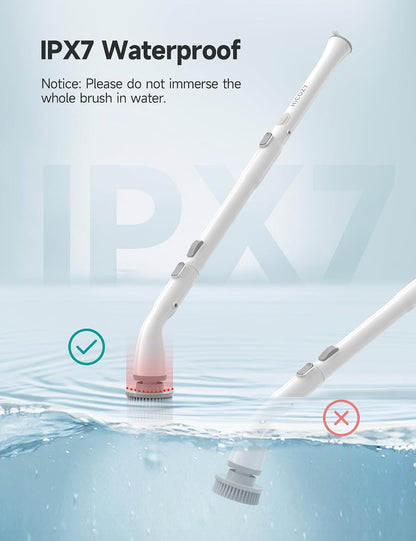 Electric Spin Scrubber HS1, Cordless Shower Scrubber for Cleaning with 4 Replaceable Brush Heads Adjustable Extension Handle, IPX7 Waterproof Cleaning Brush for Bathroom Floor White