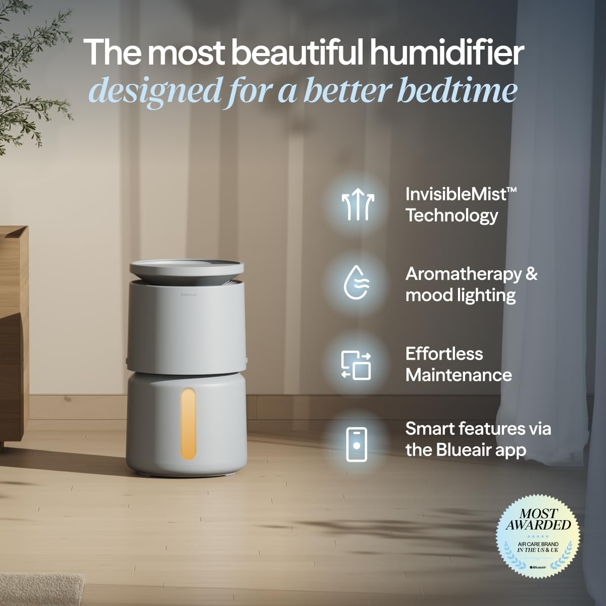 BLUEAIR 3.8L Top-Fill Humidifiers for Bedroom, 1 Gal, DreamWell H38i Grey
