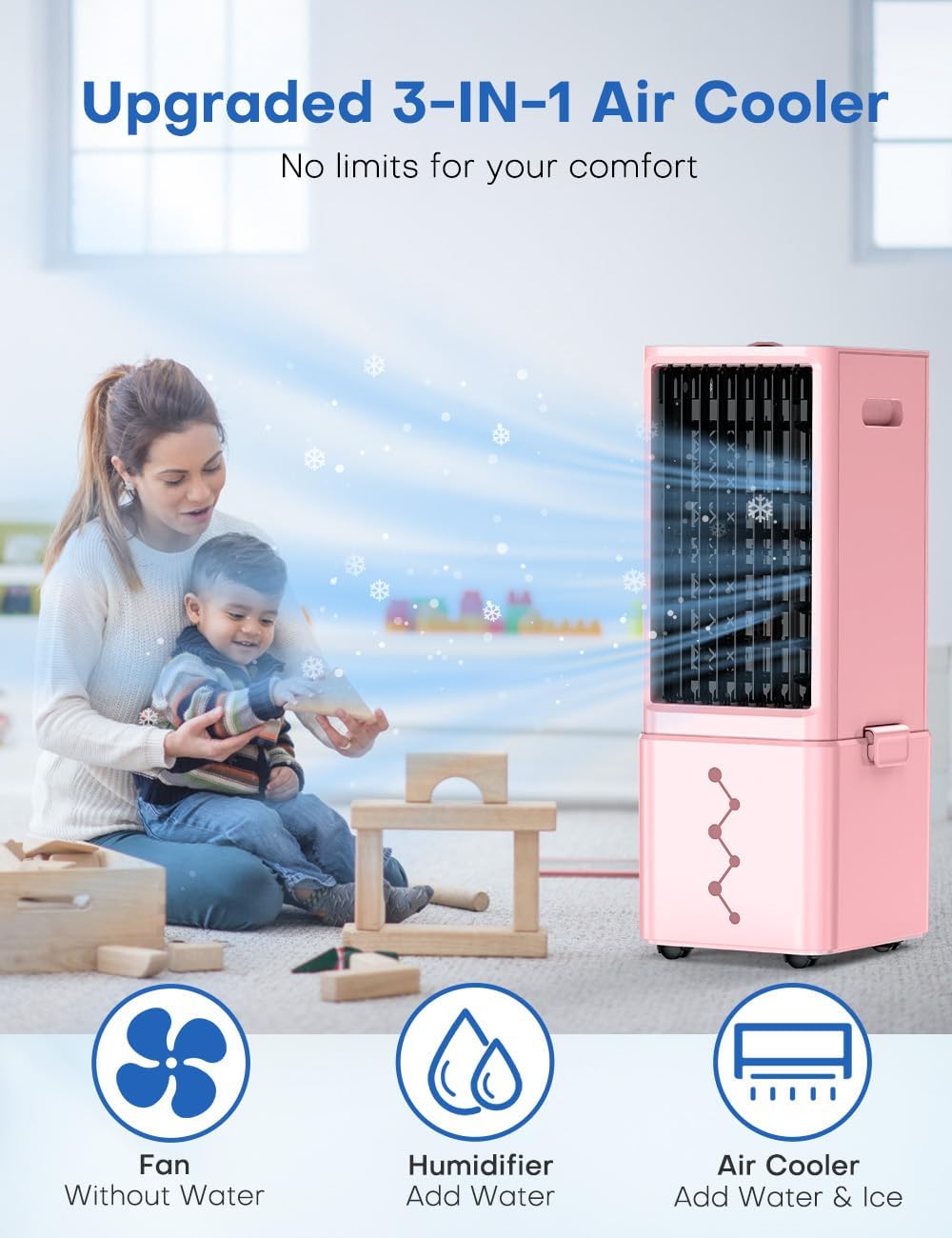 Portable Air Conditioners 4 Modes&3 Speeds,4 Ice Packs, Waterless Alert System, 12H Timer, Remote,1 Gal Detachable Water Tank, 70°Oscillation Windowless Evaporative Air Cooler for Room Office