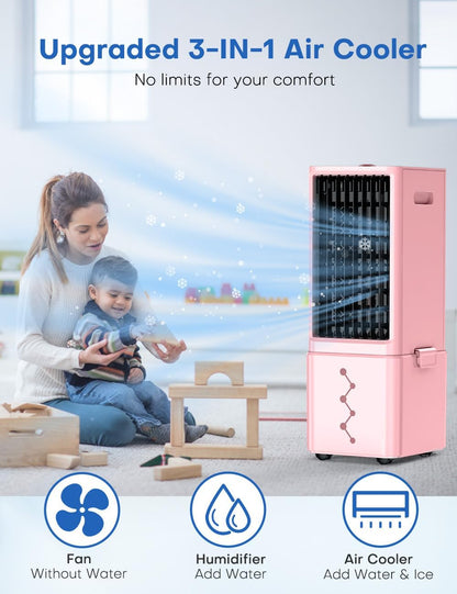 Portable Air Conditioners 4 Modes&3 Speeds,4 Ice Packs, Waterless Alert System, 12H Timer, Remote,1 Gal Detachable Water Tank, 70°Oscillation Windowless Evaporative Air Cooler for Room Office