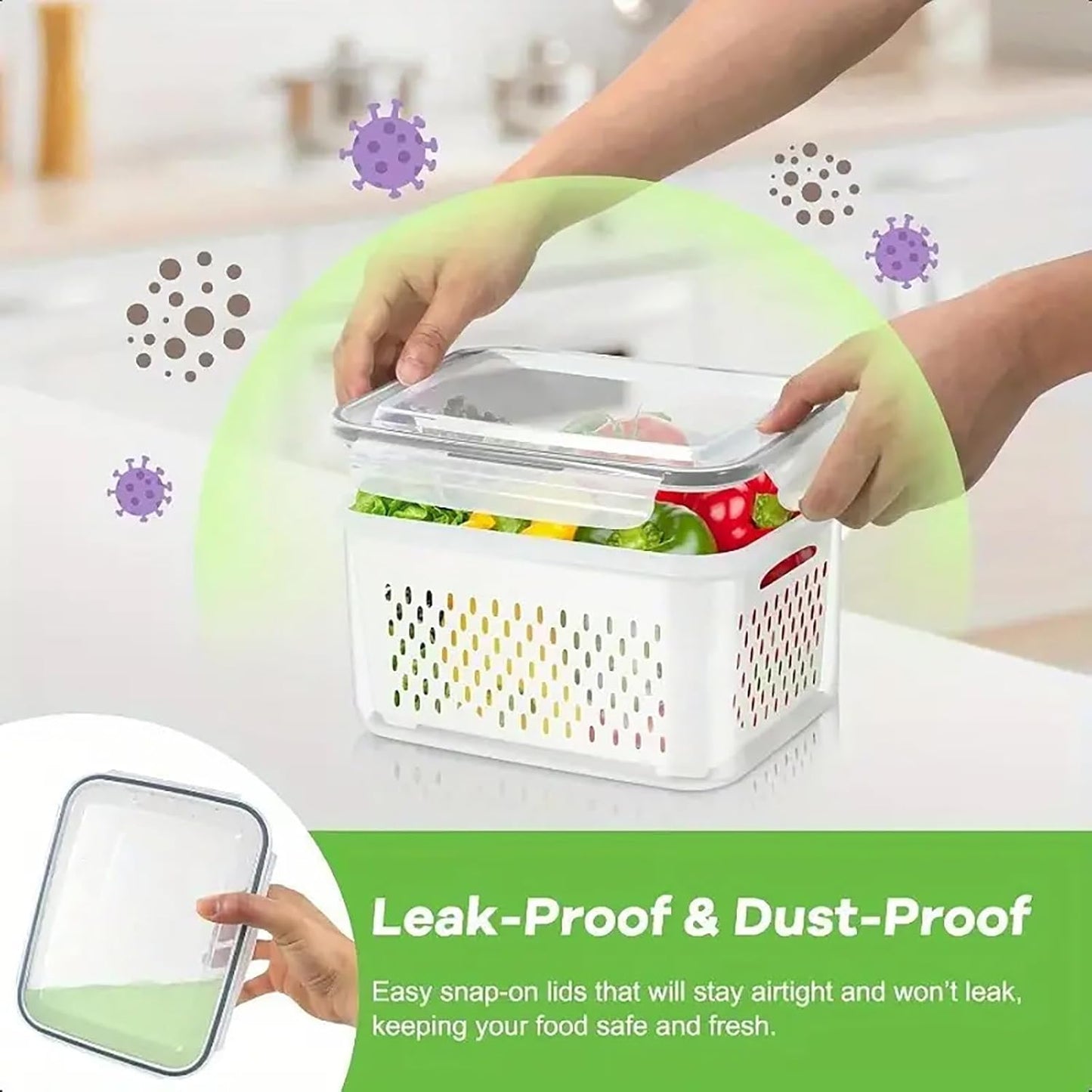 3pcs 4 in 1 Fruit Storage Containers for Fridge with Removable Colanders | Airtight, stackable, keeps food fresh. Dishwasher safe. Berry, vegetable, produce basket, strainer, refrigerator keeper