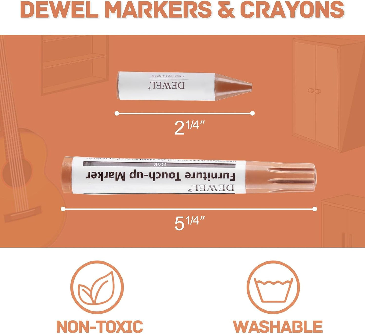 DEWEL Furniture Touch Up Markers, 17-Piece Wood Repair Kit with Wax Sticks | 8 Wood Touch Up Markers + 8 Wax Filler Sticks + Sharpener; Maple, Oak, Cherry, Walnut, Mahogany, White, Gray & Black
