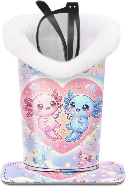 Plush Lined Eyeglasses Holder, Cute Magnetic PU Leather Glasses Stand Case for Women Men Kids