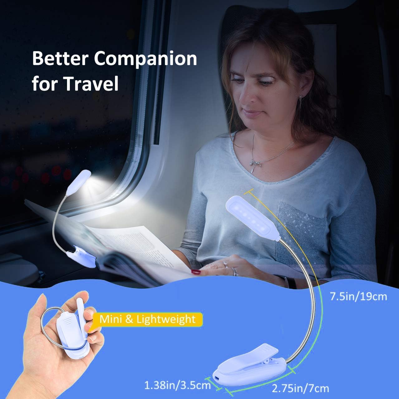 Mini Book Light, Rechargeable Up to 60 Hours, 9-Level Brightness, Easy Clip On Lamp for Night Reading in Bed, Eye Protection Table Light for Bookworms, Kids
