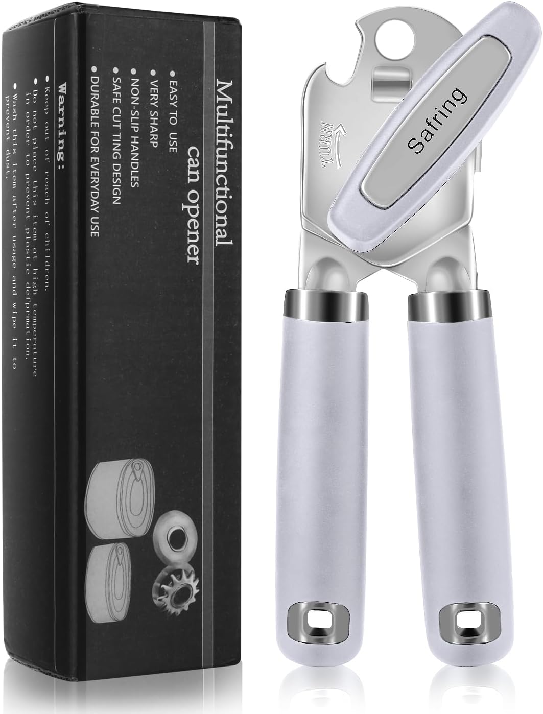 Safring Can Opener Manual, Heavy Duty Handheld Strong Can Opener with Soft Touch Handle, Sharp Blade Smooth Edge, Can Openers with Multifunctional Bottle Opener, Black