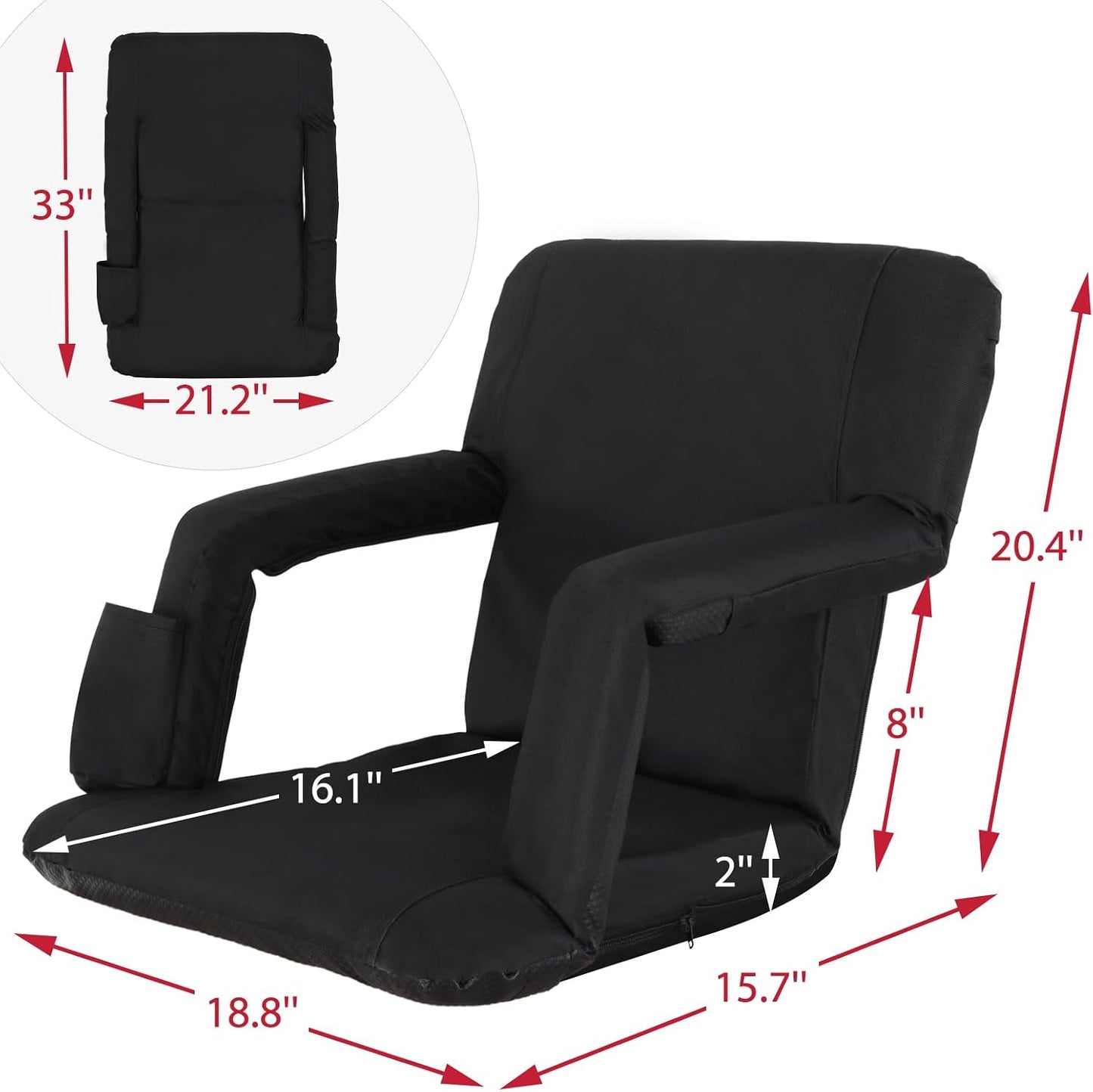 LEMY 20.5"/ 25" Wide Adjustable Stadium Seat for Bleachers Portable Water Resistant Stadium Chair with Back/Arms/Cushion for Outdoor or Indoor