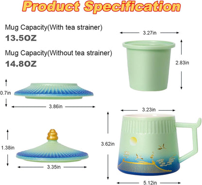 Loose Leaf Tea Cup with Infuser and Lid, 14.8oz Chinese Ceramic Mug with Fine Mesh Strainer, Office Steeping Cup for Tea Lovers Gifts
