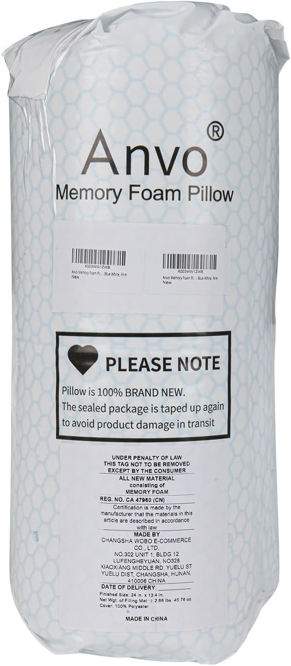 Anvo Memory Foam Pillow, Neck Contour Cervical Orthopedic Bed Pillow for Sleeping Side Back Stomach Sleeper, Ergonomic Design for Neck and Shoulder Pain Relief, Blue White, Firm
