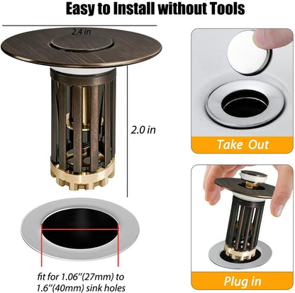 Anlige Bathroom Sink Drain Strainer, 3 in 1 Pop Up Bathroom Sink Stopper with Removable Brass Basket Hair Catcher, Universal Sink Plug for 1.06 to 1.6in Drain Hole, Chrome Silver