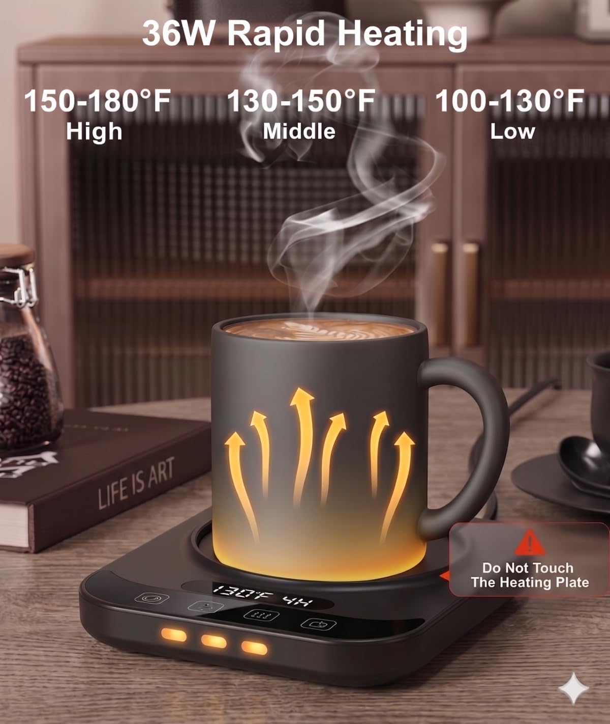 TTKXT Smart Coffee Mug Warmer with LED Display, Intelligent Cup Material Sensing & 9 Temp Settings, Auto Shut-Off Electric Beverage Warmer for Desk, Candle Wax Warmer, (Black)