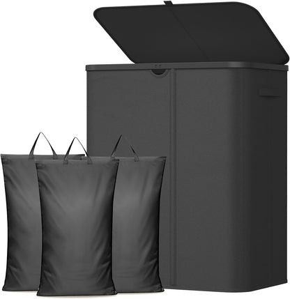 Lifewit 185L 3 Section Laundry Hamper with Lid, Laundry Basket, Beige | Large Foldable Laundry Sorter with 3 Removable Bags, Tall Clothes Hamper for Bedroom and Bathroom