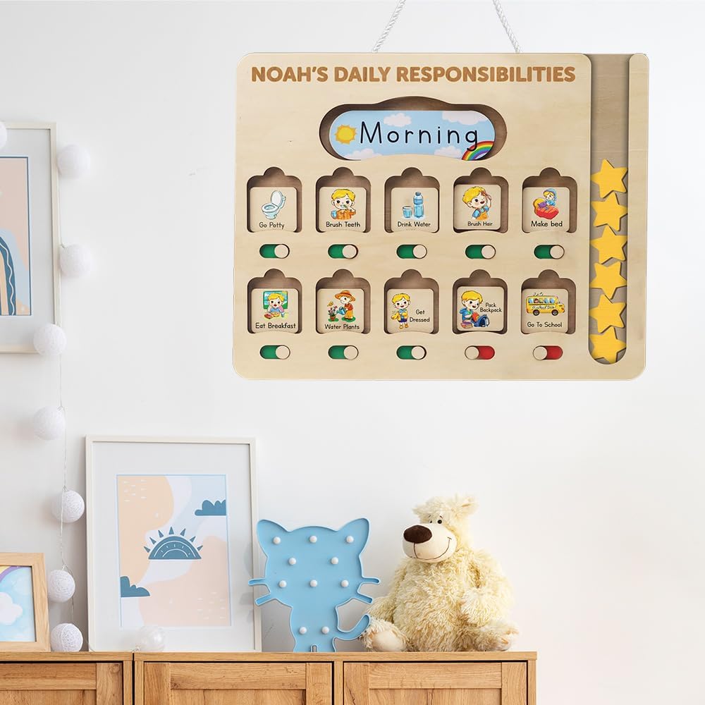 Daily Routine Chart for Kids, Visual Schedule, Routine Chart for Toddlers 3-5, Morning Bedtime Routine Chart for Toddlers, Wooden Chore Chart for Kids