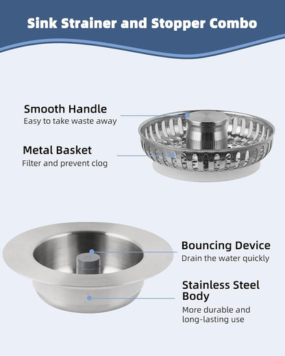 Universal 3 in 1 Kitchen Sink Drain Strainer Stopper Combo, Matte Black | Stainless Steel Shell Pop Up Sink Stopper for US Standard 3-1/2 inch Drain Filter, Anti-Clog and Easy Clean
