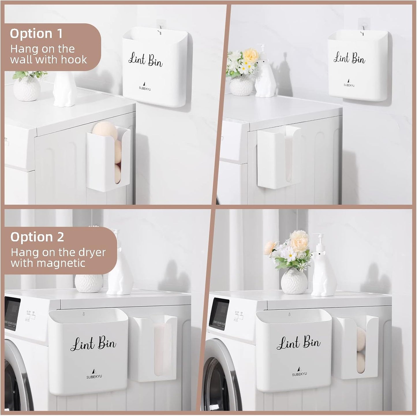 SUBEKYU Magnetic Lint Bin Small Waste Bin for Laundry Room,White | Laundry Storage Container for Hanging on Dryer/Washer/Wall, 0.85 Gallon