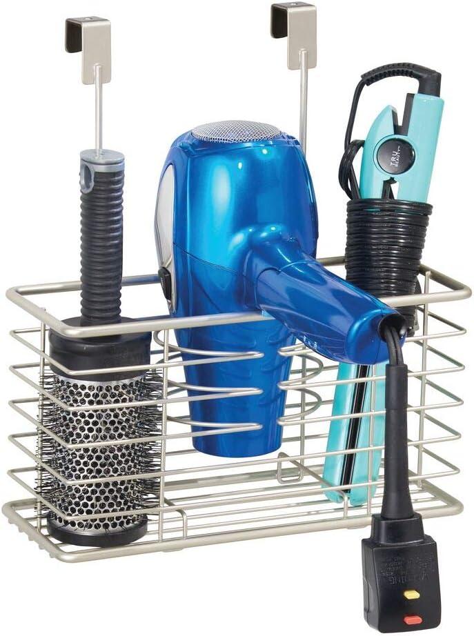 mDesign Steel Over Cabinet/Door Hair Dryer Holder Storage, Hair Styling Tool Organizer Basket for Bathroom - Blow Dryer, Flat Iron, Curling Wand, Straightener, Linelle Collection - Satin