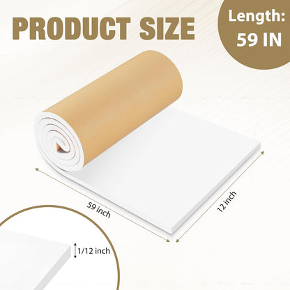 LSGCQ Sponge Neoprene Foam Padding Self Adhesive Foam Sheets, White | Closed Cell Foam Sheet Neoprene Rubber Pad for DIY Gaskets Shock Pads Liner Crafts, 12" Wide x 1/8" Thick x 59" Long