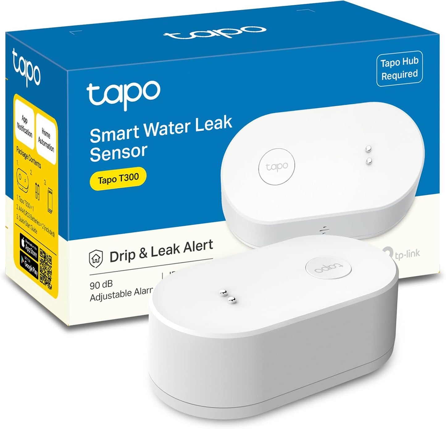 Tapo Smart Water Leak Detector, Requires Tapo Hub, T300 | Water Leak Sensor Wi-Fi with Rapid Dripping Detection, 90dB Adjustable Alarm, App Alerts, Works with Alexa and Google Home