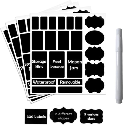 330Pcs Waterproof Labels Stickers for Jars | Reusable Chalkboard Labels, For Food Containers, Bottles, Blackboard Stickers, 1 Erasable Chalk Marker, Black