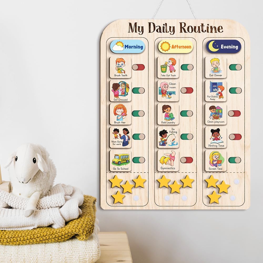 My Daily Routine Chart for Kids 11x14 Inch – Wooden Chore Chart with Morning Afternoon Evening Sections, Visual Schedule Board with Sliding Trackers & Star Reward System for Toddlers