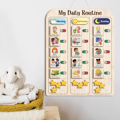My Daily Routine Chart for Kids 11x14 Inch – Wooden Chore Chart with Morning Afternoon Evening Sections, Visual Schedule Board with Sliding Trackers & Star Reward System for Toddlers