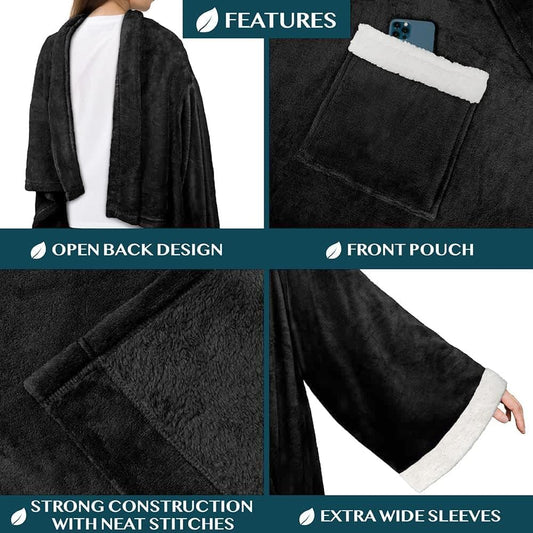 PAVILIA Wearable Blanket with Sleeves & Pocket for Women & Men, Soft Fleece Snuggle Throw with Sherpa Trim, TV Couch Robe