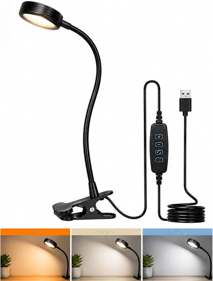 USB Clip-On Lamp, Eye Caring Dimmable Reading Light (Warm+Cool White, 8W) | Dimmable, Inline Switch, 1M Timer, USB 5V Port, 3000K+6000K, 81inch Long Cable, Flexible Gooseneck, Metal Head and Clip