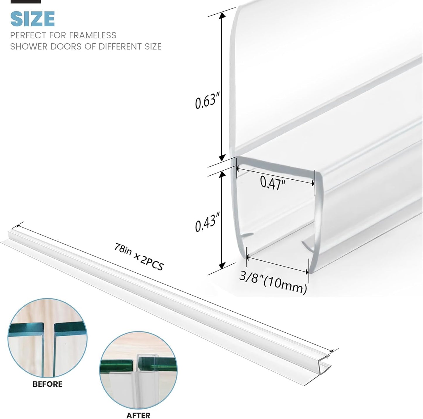 2-Pack 5/16" x 39" Shower Door Bottom Seal Strip, Shower Door Sweep | Frameless Glass Door Seal Strip, Stop Shower Leaks for 5/16" (8mm) Thick Glass