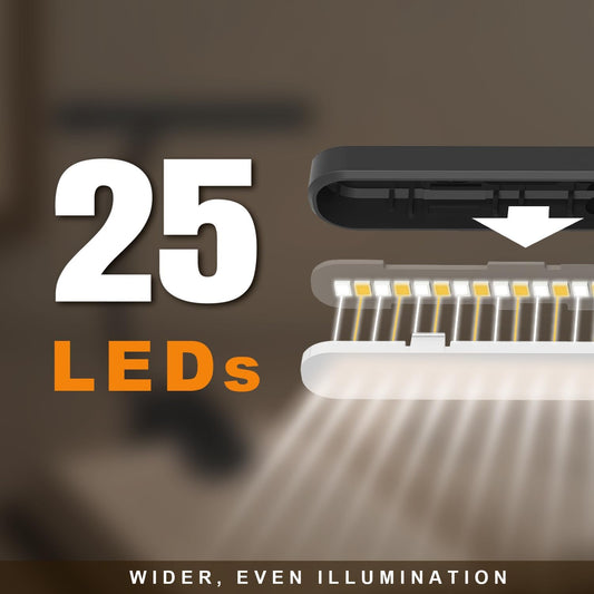 Rechargeable Book Light for Reading in Bed 25 LED Eye Caring | 15 Level Stepless Dimming, Extended 90Hrs Runtime, Lightweight Clip on Light, Gifts for Book Lovers, Black