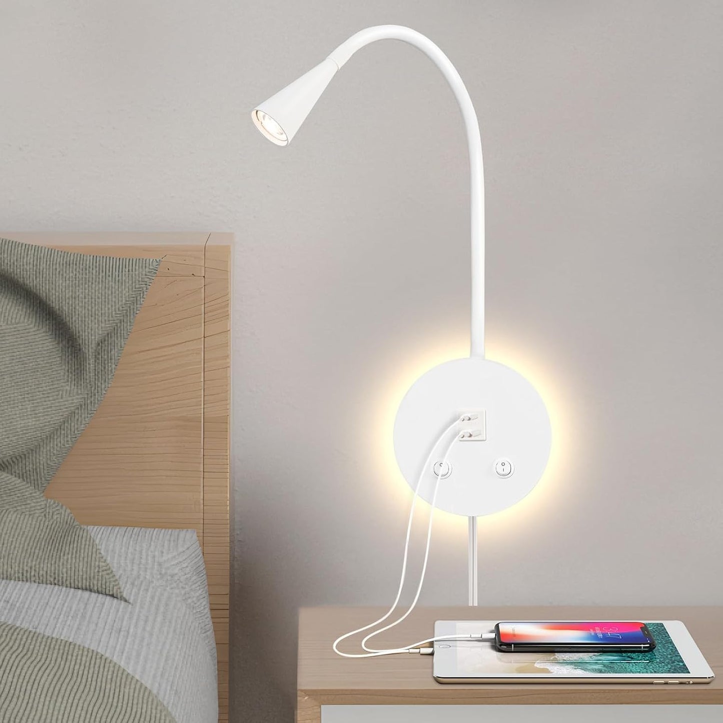 Book Lights for Reading at Night, LED Wall Mounted Reading Light, Flexible Gooseneck Wall Lamps for Bedroom, Plug in Wall Lights with USB Charging, Bedside Wall Sconces Focused Bed Lamp (Black)