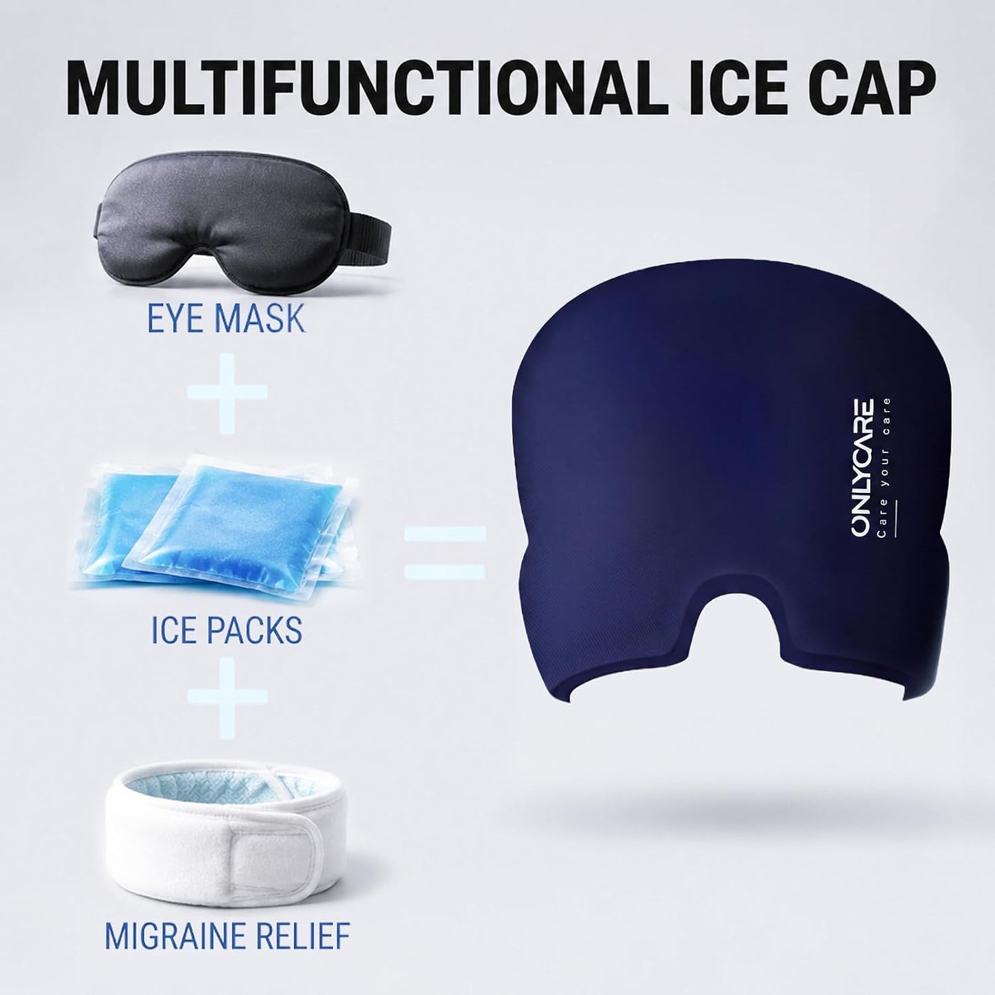 ONLYCARE Migraine Relief Cap, Headache Relief Cold Cap with Odorless Gel | Cooling Hat Head Wrap Soothing Face Ice Pack Mask Products for Tension Stress Hangover & Puffy Eyes, Relaxing Gifts for Women