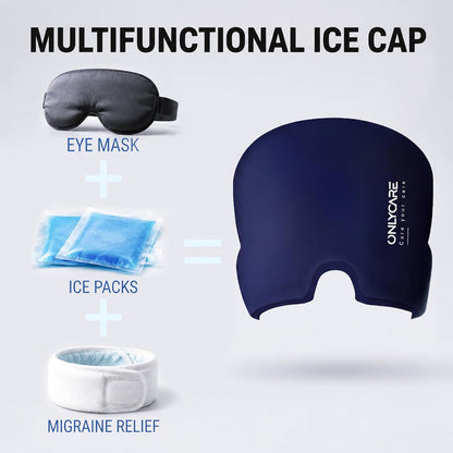 ONLYCARE Migraine Relief Cap, Headache Relief Cold Cap with Odorless Gel | Cooling Hat Head Wrap Soothing Face Ice Pack Mask Products for Tension Stress Hangover & Puffy Eyes, Relaxing Gifts for Women